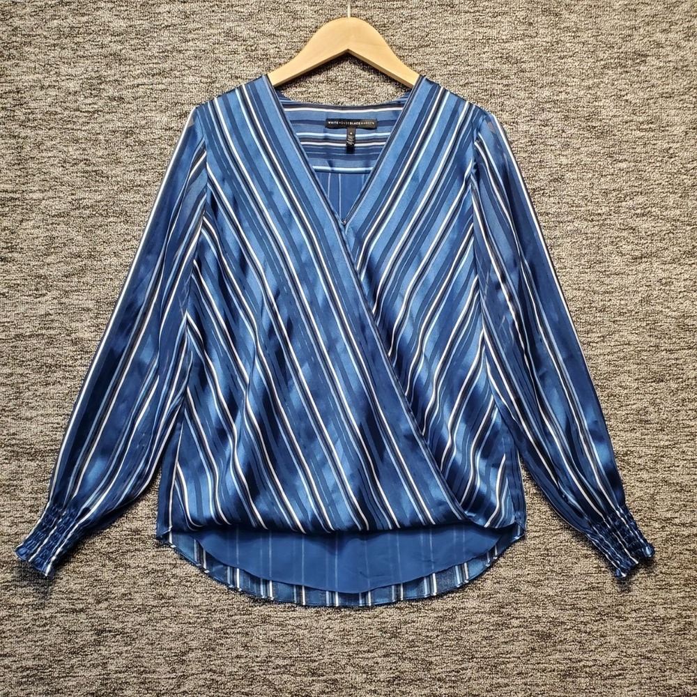 White House Black Market Blouse Womens Small Blue Striped Faux Wrap Surplice Top